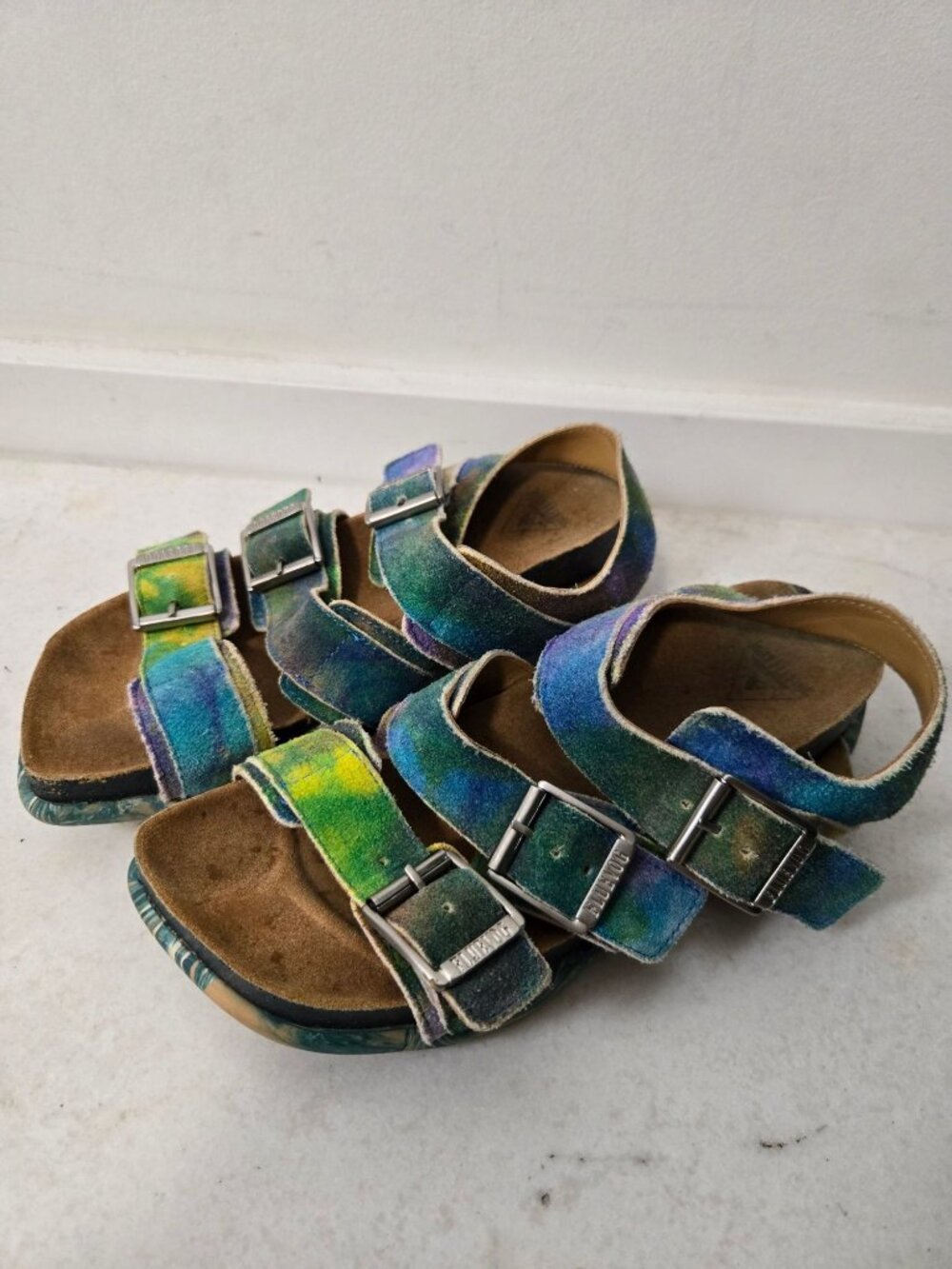 John Fluevog Peacemaker Elsie Strappy Buckled Sandals Size 6 Suede Leather Blue